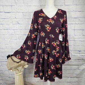 NWT American Rag Size XL Maroon Floral V-Neck Long Bell Sleeve Knit Dress Boho